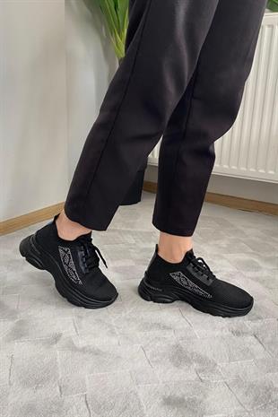 Kadın Fabri Siyah Triko Taşlı Spor Ayakkabı & Sneaker