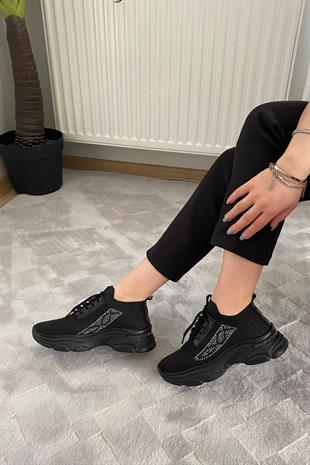 Kadın Fabri Siyah Triko Taşlı Spor Ayakkabı & Sneaker