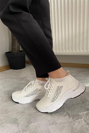Kadın Fabri Beyaz Triko Taşlı Spor Ayakkabı & Sneaker