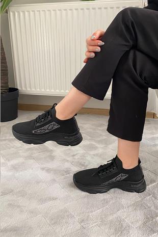 Kadın Fabri Siyah Triko Taşlı Spor Ayakkabı & Sneaker