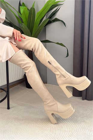Kadın Lavin Bej Diz Üstü 12 cm Platform Topuklu Çizme