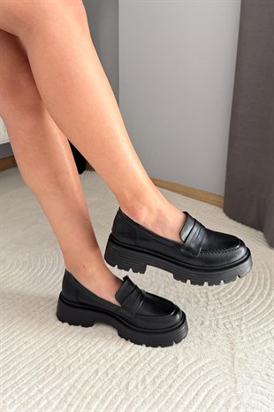 Kadın Leoo Siyah Cilt Kalın Taban Loafer Makosen Ayakkabı