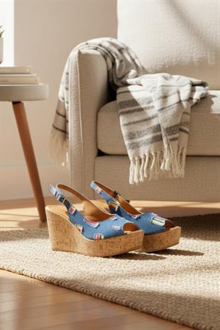 Kadın Mantara Mavi Kot 10 cm Dolgu Topuklu Mantar Taban Önü Arkası Acık Ayakkabı