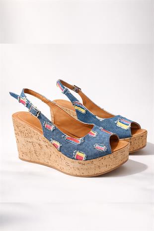 Kadın Mantara Mavi Kot 10 cm Dolgu Topuklu Mantar Taban Önü Arkası Acık Ayakkabı