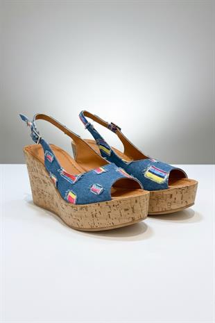 Kadın Mantara Mavi Kot 10 cm Dolgu Topuklu Mantar Taban Önü Arkası Acık Ayakkabı