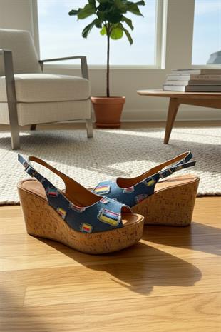 Kadın Mantara Mavi Kot 10 cm Dolgu Topuklu Mantar Taban Önü Arkası Acık Ayakkabı