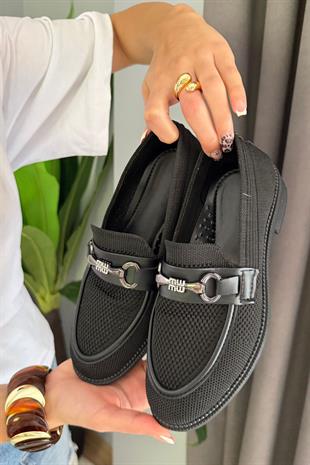 Kadın Marie Siyah Triko Metal Tokalı Kadın Loafer Günlük Makosen Ayakkabı