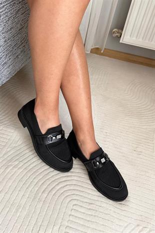 Kadın Marie Siyah Triko Metal Tokalı Kadın Loafer Günlük Makosen Ayakkabı