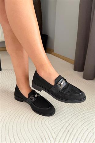 Kadın Marie Siyah Triko Metal Tokalı Kadın Loafer Günlük Makosen Ayakkabı
