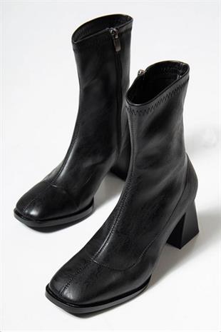 Kadın Marina Siyah Bot 7 cm Kalın Topuklu Streç Boots