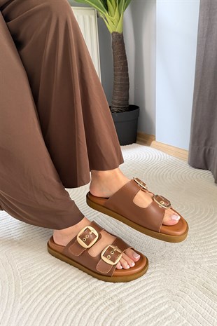 Kadın Mekry Taba İki Toka Detay Günlük Konfor Terlik