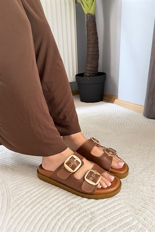 Kadın Mekry Taba İki Toka Detay Günlük Konfor Terlik