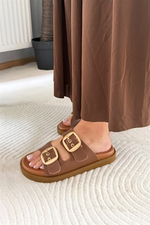 Kadın Mekry Taba İki Toka Detay Günlük Konfor Terlik