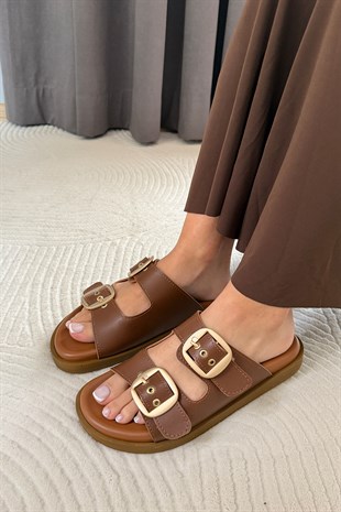 Kadın Mekry Taba İki Toka Detay Günlük Konfor Terlik