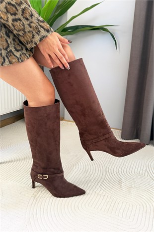 Kadın Melinda Kahve Süet 7 cm Topuklu Toka Detaylı Çizme& Bot