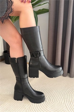 Kadın Moki Siyah 7 cm Topuklu Yandan Fermuarlı Çizme