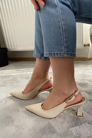 Kadın Motto Kıren Cilt Sivri Burun Arkası Acık 8 cm Topuklu Ayakkabı