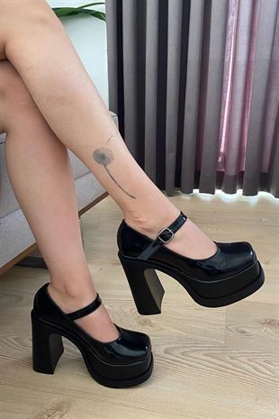 Kadın Napoli Siyah Rugan Tek Baretli  (12 cm ) Platform Topuklu Ayakkabı