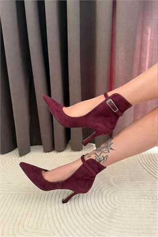 Kadın Nevi Bordo Süet Sivri Burun İnce Topuklu Kemer Detaylı Pencereli Şık Kadın Bot & Stiletto