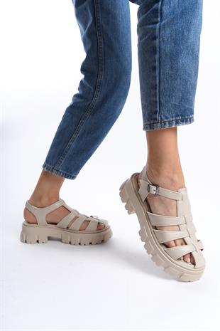 Kadın Petra Bej Yüksek Taban Kafes Model Sandalet 950