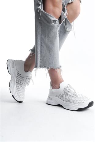 Kadın Rocco Beyaz Triko Taşlı Spor Ayakkabı & Sneaker