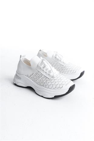 Kadın Rocco Beyaz Triko Taşlı Spor Ayakkabı & Sneaker