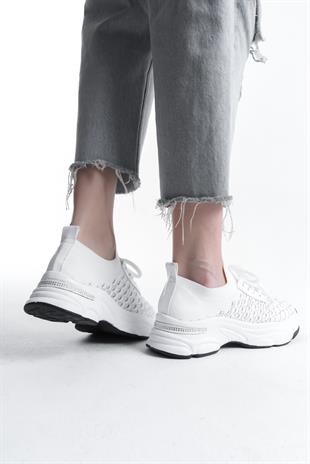 Kadın Rocco Beyaz Triko Taşlı Spor Ayakkabı & Sneaker