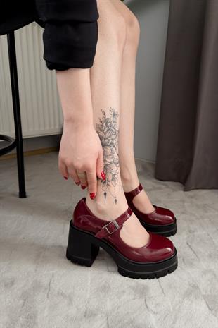 Kadın Ruby Bordo Rugan Tek Baretli 8 cm Topuklu Platformlu Ayakkabı 601