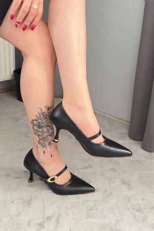 Kadın Sarah Siyah Cilt 7cm  Ince Topuk Önden Tokalı Ayakkabı Stiletto