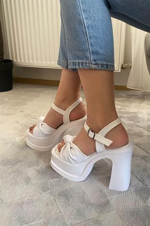 Kadın Sersi Beyaz Fiyonk Bantlı (12 cm ) Platform Topuklu Ayakkabı
