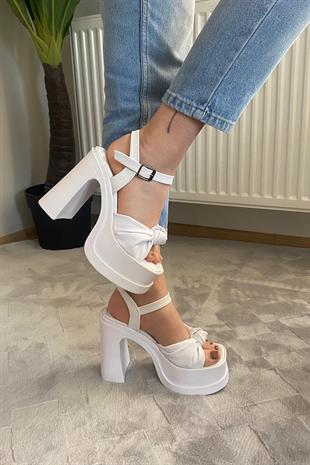 Kadın Sersi Beyaz Fiyonk Bantlı (12 cm ) Platform Topuklu Ayakkabı