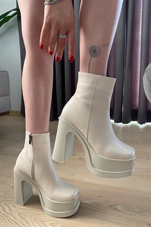 Kadın Sidney Krem 12 cm Platform Topuklu Fermuarlı Bot