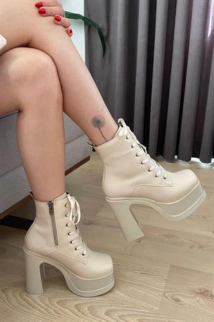 Kadın Simya Krem Bağcıklı Detaylı 12 cm Platform Topuklu Fermuarlı Bot