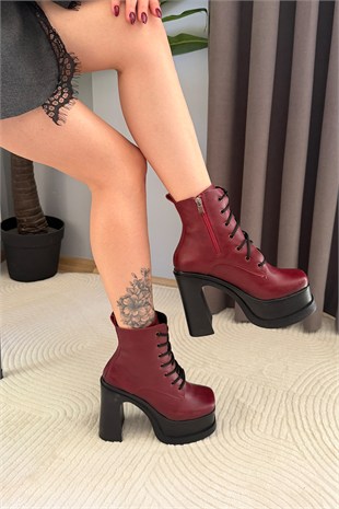 Kadın Simya Bordo Bağcıklı Detaylı 12 cm Platform Topuklu Fermuarlı Bot