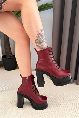 Kadın Simya Bordo Bağcıklı Detaylı 12 cm Platform Topuklu Fermuarlı Bot