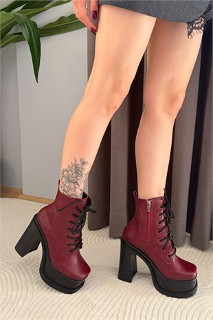Kadın Simya Bordo Bağcıklı Detaylı 12 cm Platform Topuklu Fermuarlı Bot