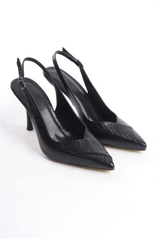 Kadın Soci Siyah Rugan 9 Cm İnce Topuklu Sivri Burunlu Arkası Acık Tasarım Stiletto