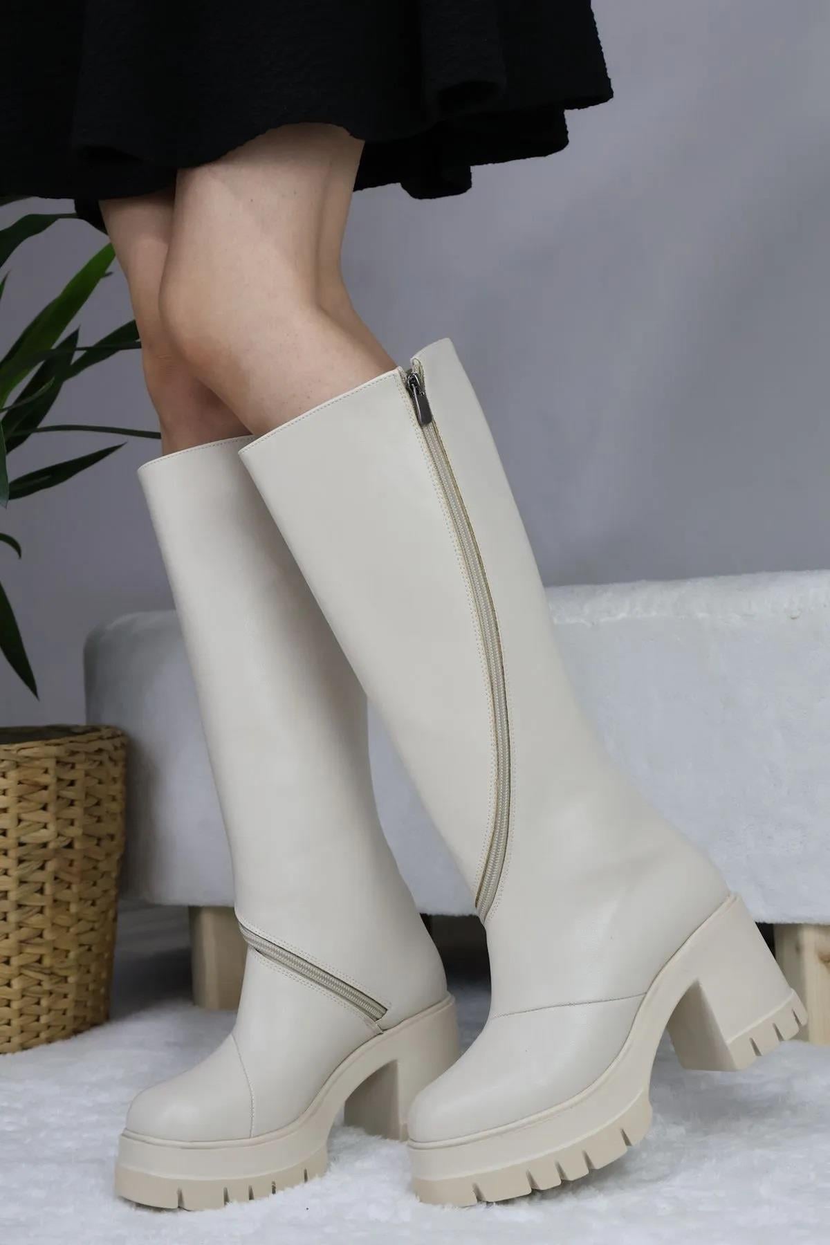 Kadın Carina Döner Fermuarlı 8 Cm Platform Topuklu Diz Altı Çizme