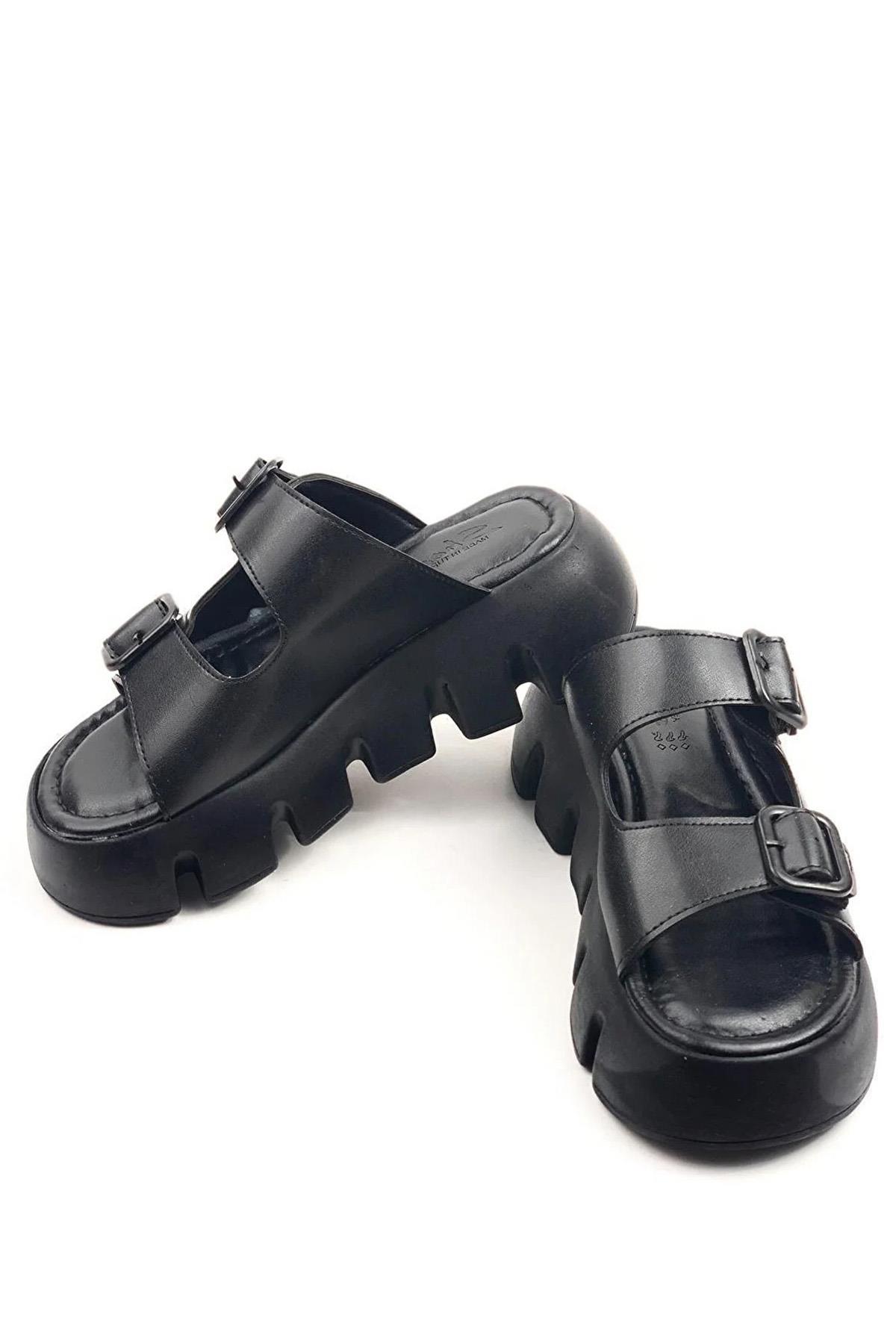Kadın Sero Siyah Çift Bant Kalın Taban Ortopedik Sandalet Terlik