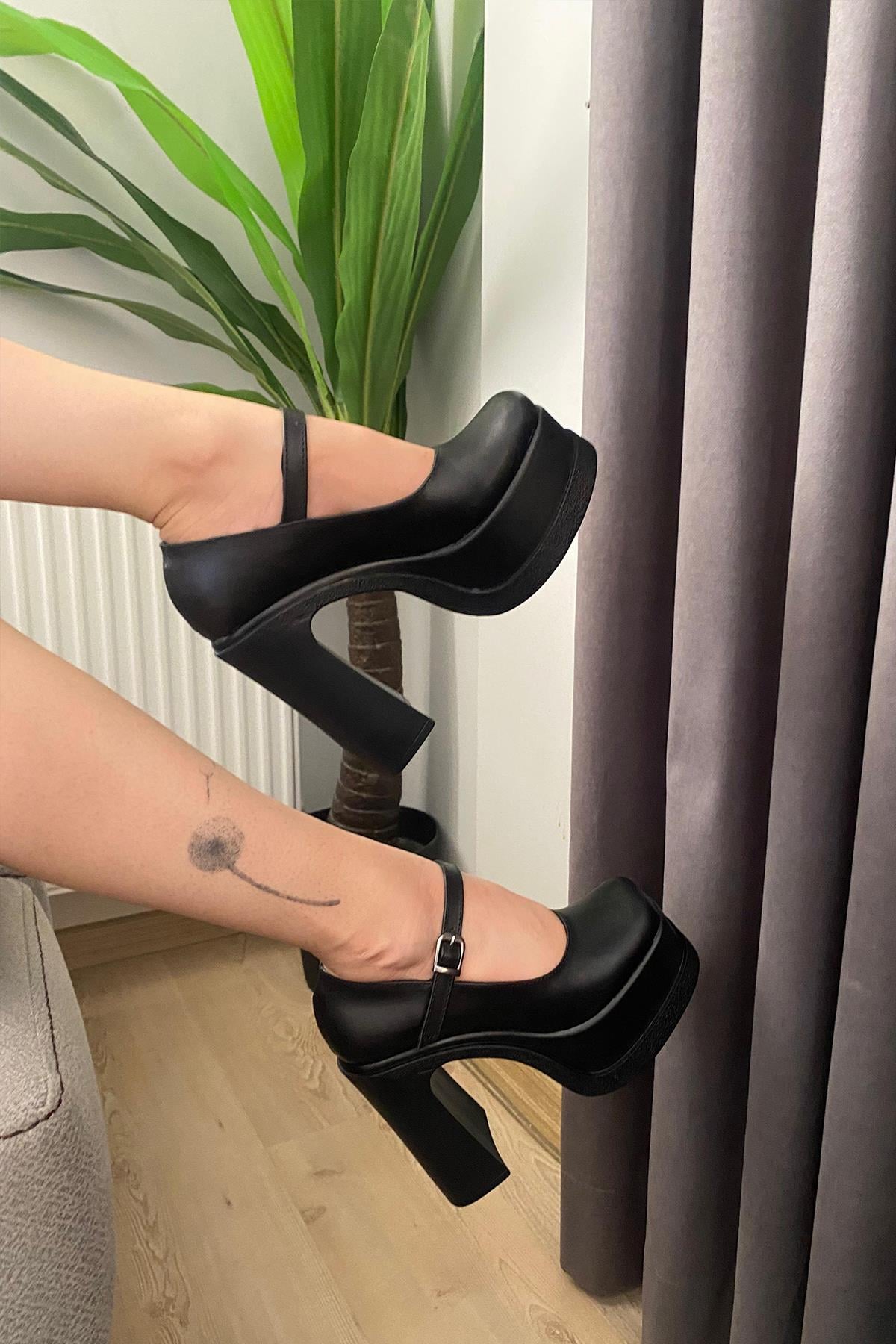 Kadın Napoli Siyah Tek Baretli  (12 cm ) Platform Topuklu Ayakkabı