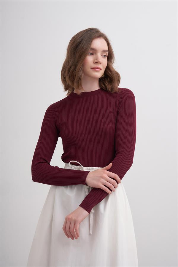 Erguvan Uzun Kollu Fitilli Triko Body Açık Bordo