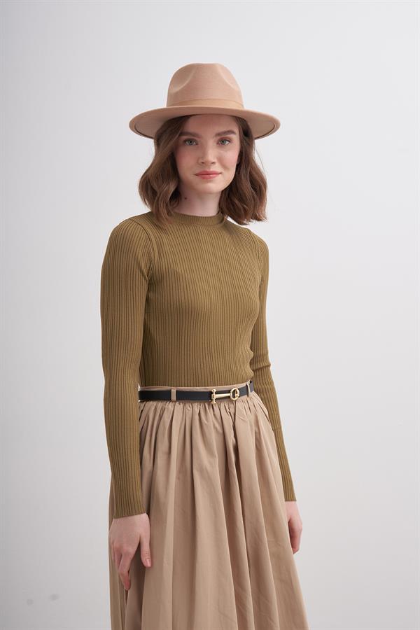 Erguvan Uzun Kollu Fitilli Triko Body Yağ Yeşili