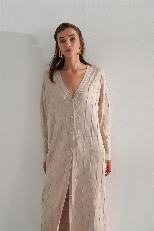 Damalı Rayon Merserize Hırka Bej