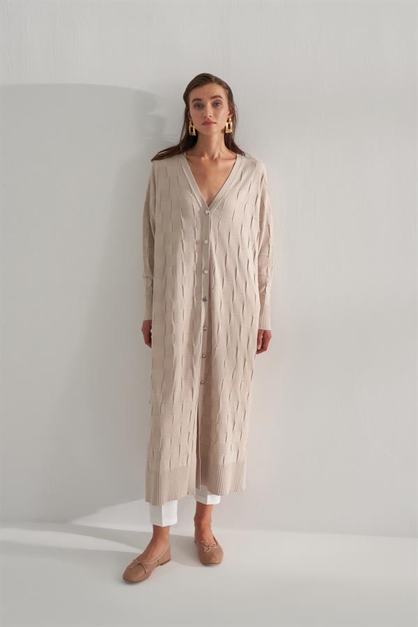 Damalı Rayon Merserize Hırka Bej