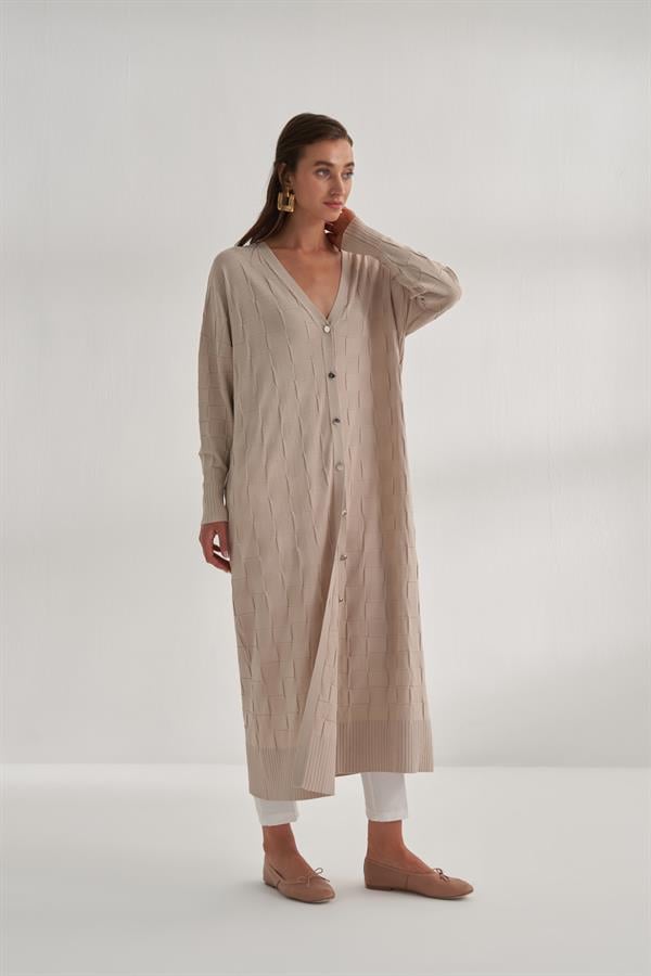 Damalı Rayon Merserize Hırka Bej