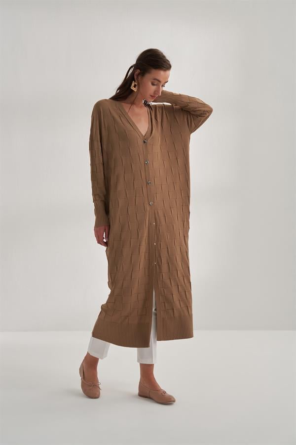 Damalı Rayon Merserize Hırka Camel