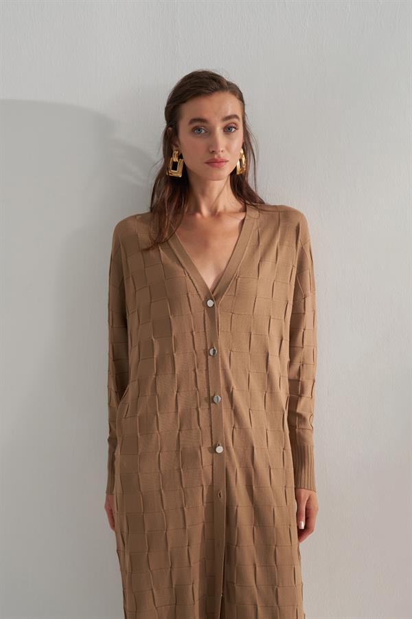 Damalı Rayon Merserize Hırka Camel