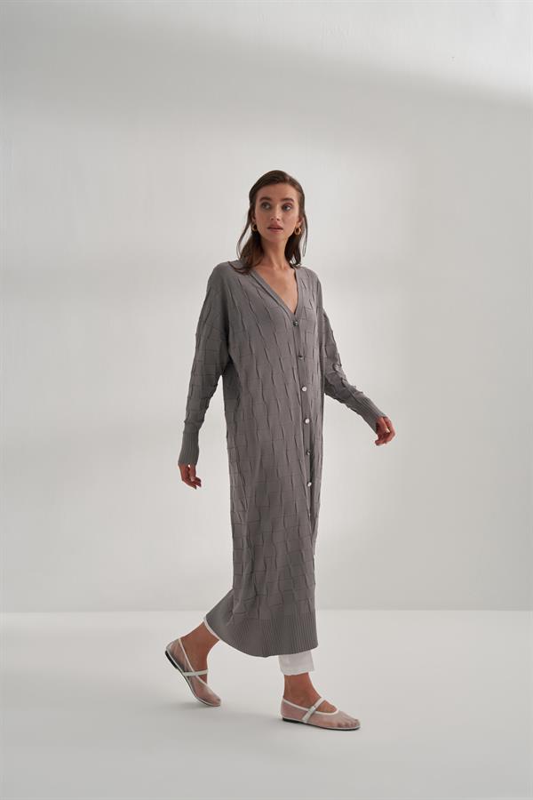 Damalı Rayon Merserize Hırka Gri