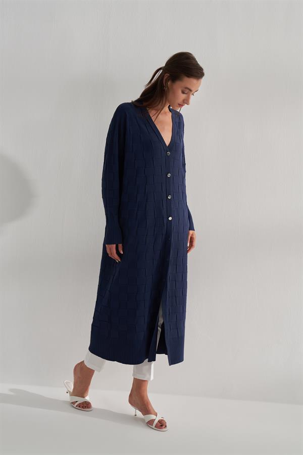 Damalı Rayon Merserize Hırka Lacivert