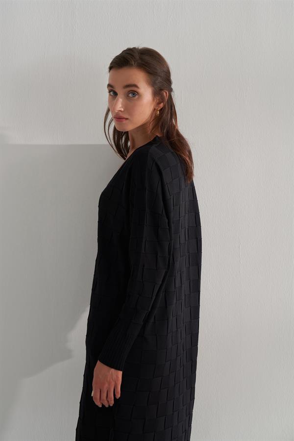 Damalı Rayon Merserize Hırka Siyah